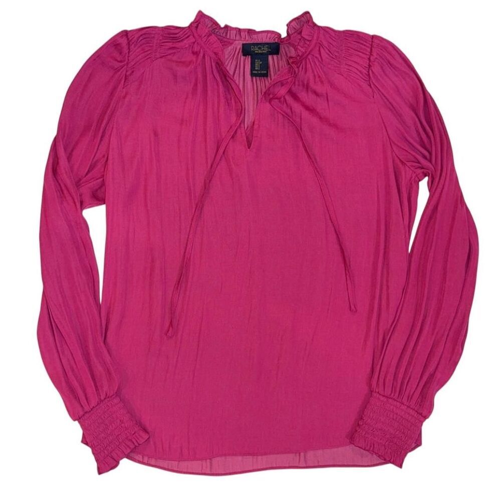 Rachel Roy pink blouse with ruched neckline and long sleeves